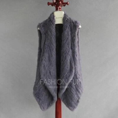 Mujeres Abrigo Chaleco de Piel de Conejo Real Tejido Cuello Solapa Sin Mangas Medio Largo Talla Foto 1 de 4