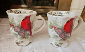 Cracker Barrel Season of Peace Set of 2 Mugs 4.5" scalloped Cardinal Bird - Picture 1 of 7