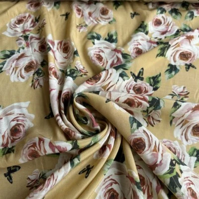 Tela de seda crepé 100 % seda morera 14 Momme amarillo estampado floral 54" ancho JN046 Foto 1 de 4