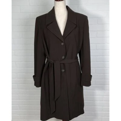 Gabardina Kasper Mujer 16 Marrón Acanalada Cinturón Botón Cuello Pico Clásica De Colección Foto 1 de 4