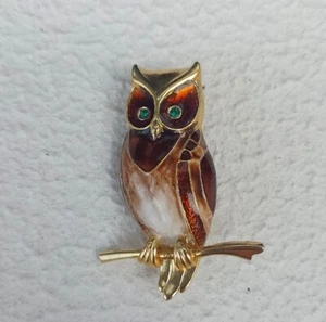 Marcel Boucher Eule Brosche grüne Augen Anstecknadel Emaille goldfarben Metall Vintage - Bild 1 von 8