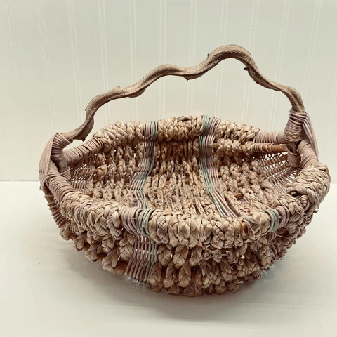 Vintage woven Willow wicker basket Bread Storage Country Boho Drift Wood Handle Cover