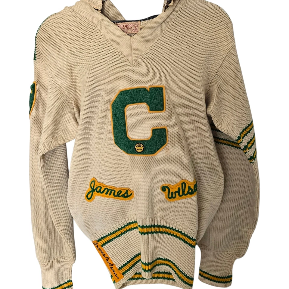 Suéter de lã de malha vintage década de 1950 futebol pequeno Letterman  - Imagem 1 de 4