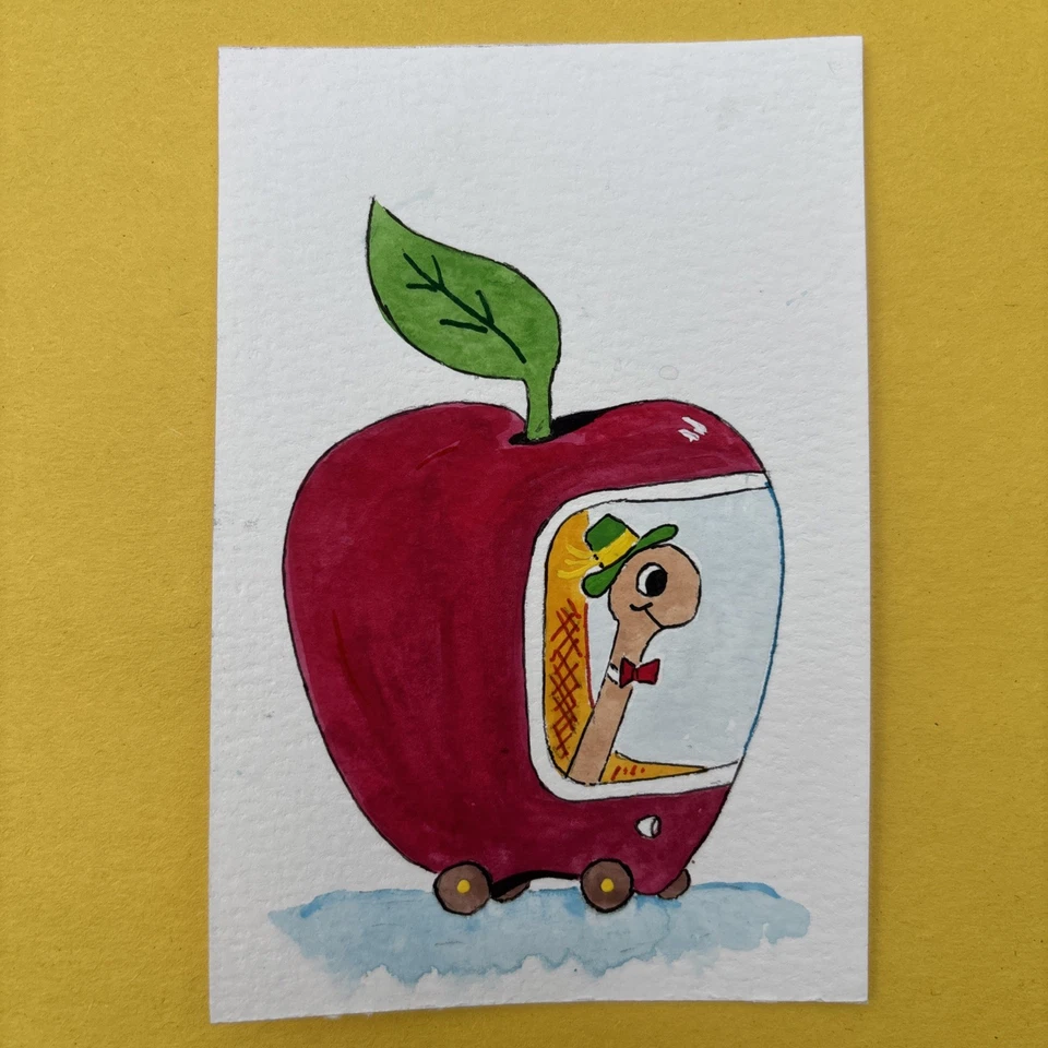Original Art ACEO ATC Miniature Watercolor Lowly the Worm Richard Scarry  - Image 1 of 4