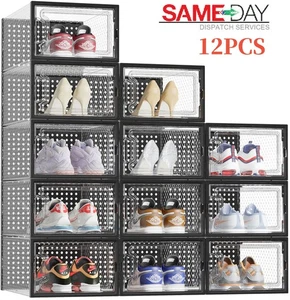 12 x Stackable Foldable Boxes Trainers Organiser Clear Plastic Shoe Storage Box - Picture 1 of 25