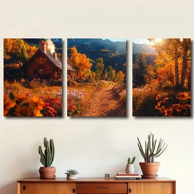 3pcs Autumn Mountain Cabin Trail Scene Wall Art Canvas Unframed/Framed - Image 1 of 4