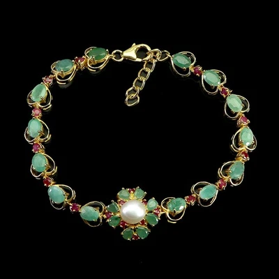 Pulsera de plata de ley 925 esmeralda ovalada 6x4 mm rubí perla piedras preciosas joyería 8 pulgadas Foto 1 de 4