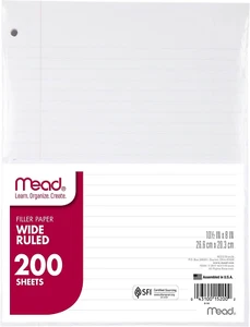 200 Sheets Mead Loose Leaf Paper, Wide Ruled Filler Notebook Paper, 8" x 10-1/2" - Picture 1 of 5