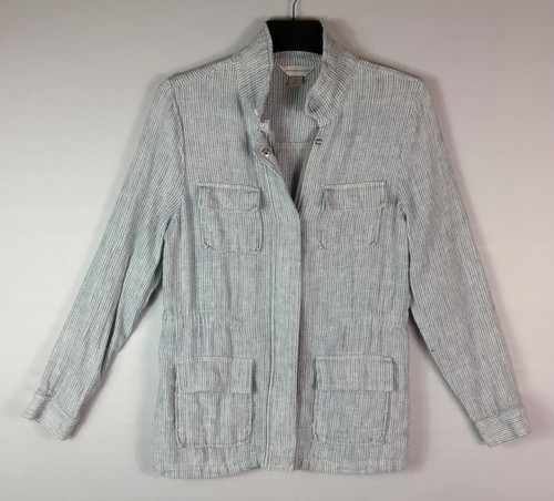 OFF WHITE Giacca Christopher & Banks donna Med Off bianca blu a righe misto lino tasche