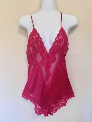 Lencería Vintage Peluche Años 70 Rosa Caliente Nylon ILGWU Unión Estilo Encaje Body Med Foto 1 de 4