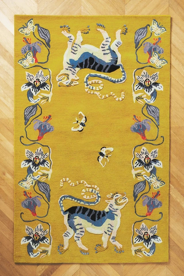 Vintage Tufted Wool Silk Rug Yellow Floral Tiger Snake Design Handmade - Image 1 of 4