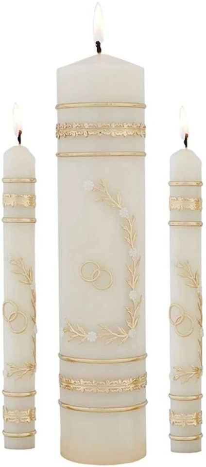 Gold Toned Floral Wedding Candle Unity Set with Ring Design, Set of 3