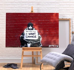 BANKSY I WANT CHANGE- DEEP FRAMED CANVAS WALL ART GRAFFITI  PRINT- RED BRICKS - Picture 1 of 3