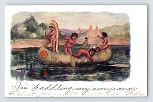 Postcard Native American Indian Children Canoe 1913 Posted Undivided Back - Picture 1 of 2
