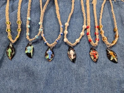 Collar Hippie Años 90 Y2k Vintage Deadstock Cáñamo Macramé Vidrio Seta Foto 1 de 3