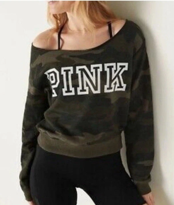 Victoria’s Secret Rosa Hombro Descubierto Verde Camuflada Sudadera Recortada Talla Grande Foto 1 de 4
