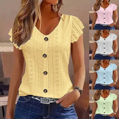 Casual Women V Neck Short Sleeve Solid Color Shirt for Spring and Summer - Image 1 of 4