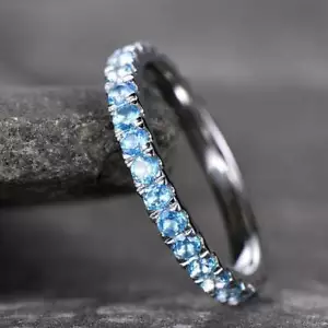 1Ct Round Simulated Blue Topaz Eternity Womens Ring 14K White Gold Plated Silver - Picture 1 of 6
