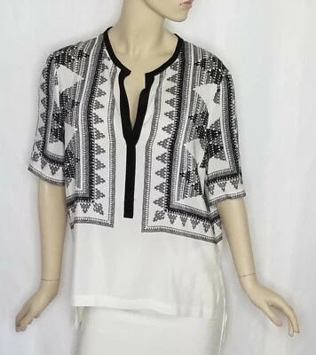 Blusa Bcbgmaxazria Fauve Estampado Geométrico Blanco y Negro 100% Seda Talla L Foto 1 de 4