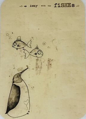 Vintage Papyrus Greeting Card “Away With The Fishes” Penguin And Fishes Art P1 - Image 1 of 4