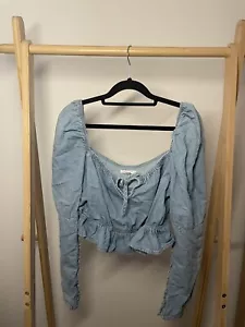 Women’s Topshop Denim Crop Blouse Size 12 With Frill Hem And Lace Up Sleeve - Picture 1 of 12