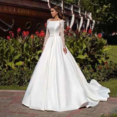 Elegant Satin Wedding Dresses Boat Neck Long Sleeved Lace Appliques Bridal Gowns - Image 1 of 4
