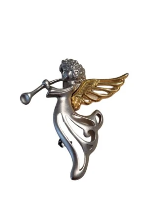 Broche Pin Ángel Tocando un Cuerno Color Peltre Tono Dorado Alas Navidad 2.25"  Foto 1 de 2