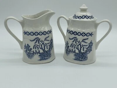Royal Staffordshire J & G Meakin Blue Willow Creamer Sugar Bowl Lid Ironstone - Image 1 of 4
