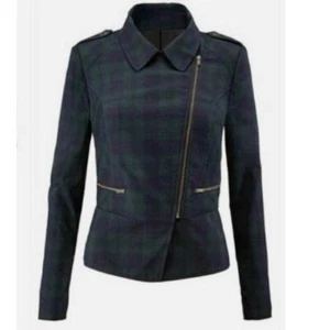 Cabi Tartan Plaid Jacket Womens 4 Asymmetrical Moto Zip Jacket Green Blue - Picture 1 of 11