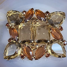 Vintage Rectangular Estate Jewelry Brooch Large Yellowish Amber Crystal Stones