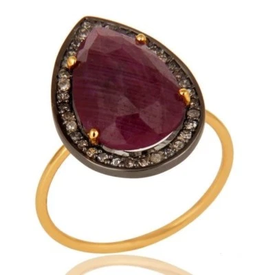Natural Ruby Gemstone Pave Diamond 14K Yellow Gold Stackable Ring Jewelry - Image 1 of 4