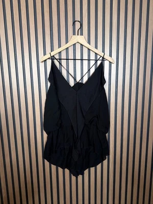 Nuevo Top BCBG Maxazria Grande Mujer Negro Cuello en V Volantes Espalda Rosa 100% Seda Foto 1 de 4