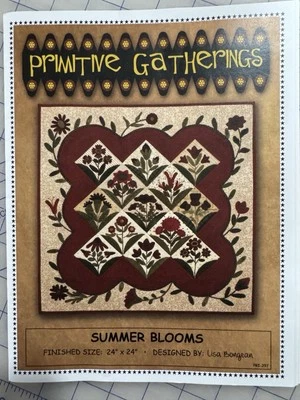"SUMMER BLOOMS" PRIMITIVE GATHERINGS 24 X 24 LISA BONGEAN WOOL APPLIQUE - Image 1 of 3