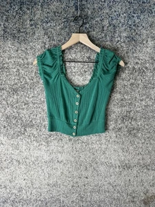 We The Free Sweater Womens Small Green Cropped Cap Sleeve Cardigan Ribbed - Picture 1 of 6