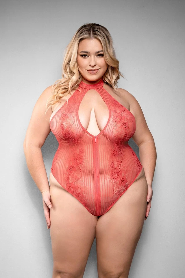 Fantasy Lingerie Calliope Striped Floral Lace Zipper Teddy Coral Queen Foto 1 de 3