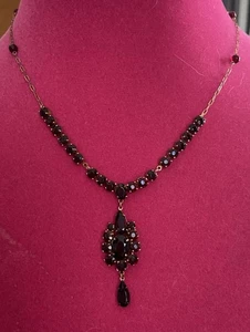 Beautiful Antique Victorian-Edwardian Bohemian Garnet Necklace Rose Gold Filled - Picture 1 of 18