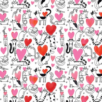 Tecido 100% algodão Benartex Purrfect gatos corações e gatos branco/rosa terry runyan - Imagem 1 de 3