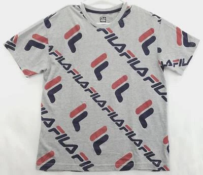 Camiseta Fila Masculina Média Azul Cinza Estampa Toda Algodão Gola Redonda - Imagem 1 de 4