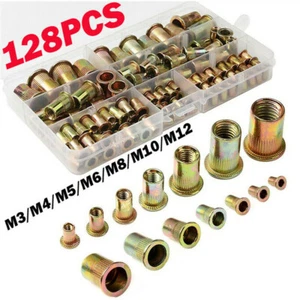 128Pcs Set Rivet Nut Kit Mixed Zinc Steel Rivnut Insert Nutsert Threaded M3-M12 - Picture 1 of 12