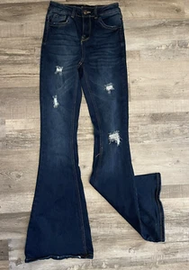 Sweet Look Flare Womens Junior Jeans Size 1 Distressed Dark Wash Denim - Picture 1 of 15
