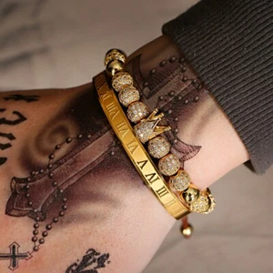 2Pcs/set Luxury Gold Crown Roman Numberal Bangle Bracelets Jewelry for Men Women - Picture 1 of 30