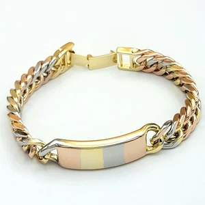 Tri Color Gold Plated Fashion ID Bar Bracelet. 10.5mm Curb Link. Oro Laminado - Picture 1 of 5