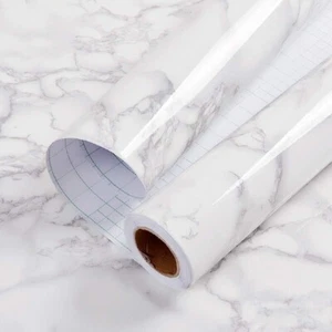 Glossy Marble Wall Paper Granite White/Grey Wallpaper Peel and Stick Vinyl Roll - Picture 1 of 7