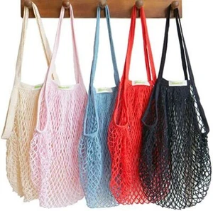 Reusable Cotton Mesh Grocery Bags Foldable Long Handle Net Tote Bag Shopping 1 - Picture 1 of 31