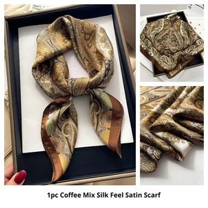 Silk Scarf Bandana Scarf Satin Feel Luxury head wrap elegant Vintage Coffee Mix - Picture 1 of 9