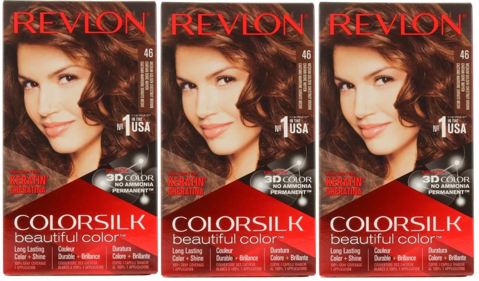 3 x Revlon Colorsilk Permanent Haarfarbe - 46 Medium Golden Nut Brown - Bild 1 von 1