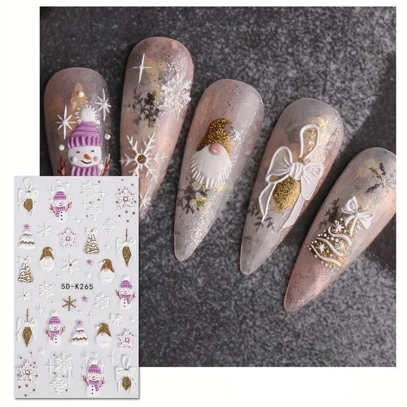 5D Nail Art Stickers Decals Embossed Christmas Tree Snowflakes Gnome Snowman 65G