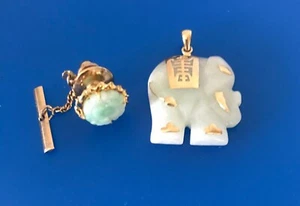 14k 585 jade jadite carved flower lapel pin & elephant pendant Lot - Picture 1 of 11