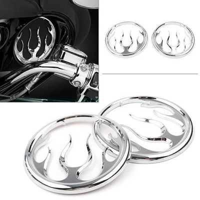 Cubierta de ajuste de rejilla de altavoz de llama cromada para Harley Electra Street Glide Tri Foto 1 de 4
