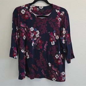 J. Jill Wearever Floral Top Petite L – Navy Red Career Blouse - Picture 1 of 7